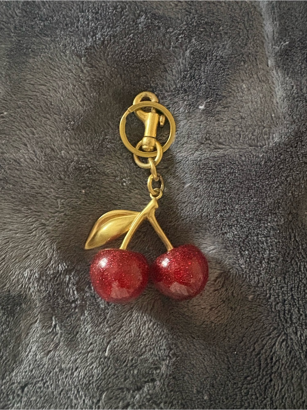 Purse charm Gold Cherry Keychain with Red Glitter Cherries
